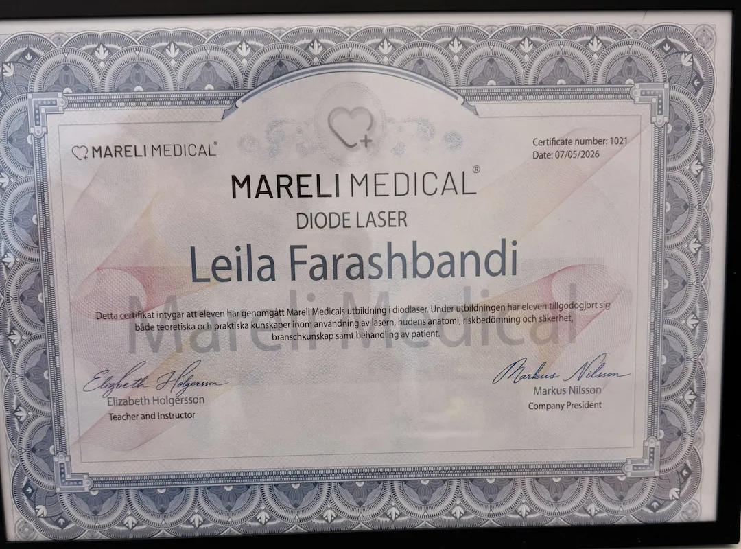 Diplom som visar Leila Farashbandis certifiering inom diodlaser
